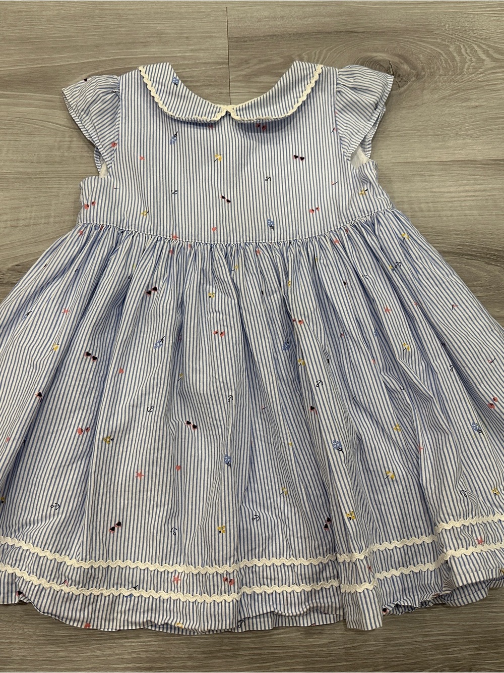 Blue Stripe Embroidered Cotton Girls' Dress